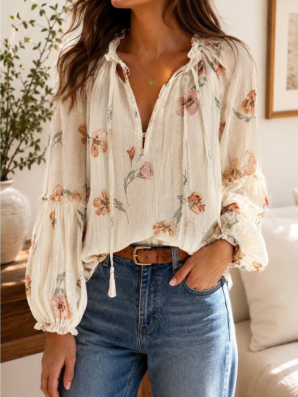 Lovestitch Floral Tie-Neck Peasant Blouse - Cream with Pink & Tan Flowers